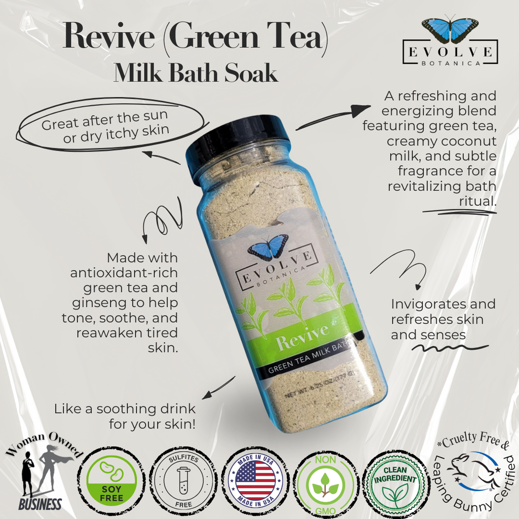 Evolve Botanica Revive Green Tea Milk Bath Soak packaging with product details and branding.