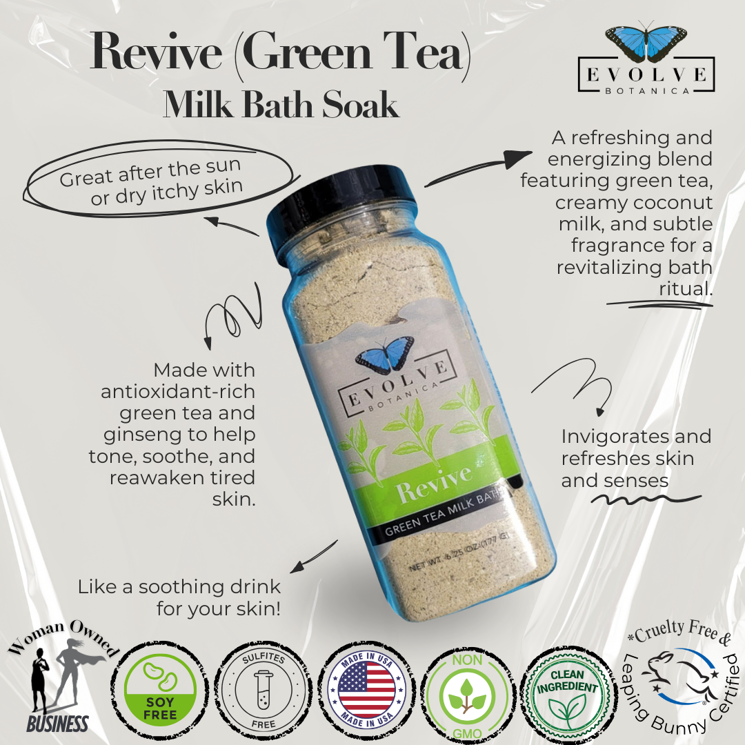 Evolve Botanica Revive Green Tea Milk Bath Soak packaging with product details and branding.